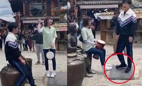 郭京飞王珞丹坐雕塑踩石碑怎么回事 录制综艺视频曝光被批没素质