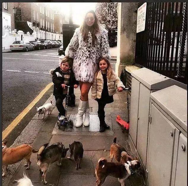 Nina和孩子们带宠物狗出门溜